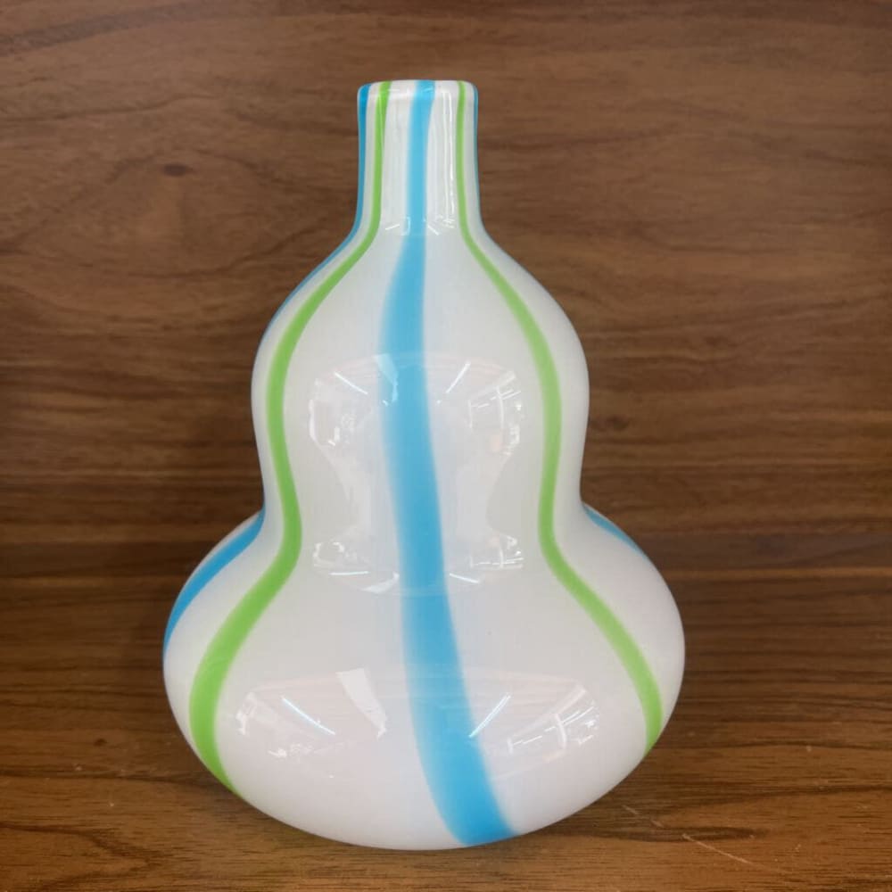 VTG JONATHAN ADLER WHITE GLASS HANDBLOWN VASE BLUE GREEN STRIPES