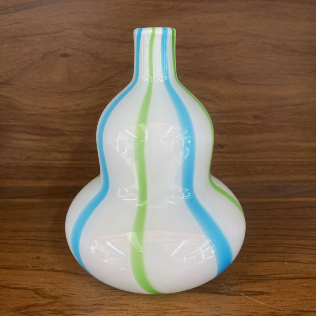 Vtg Jonathan Adler White Glass Handblown Vase blue Green Stripes