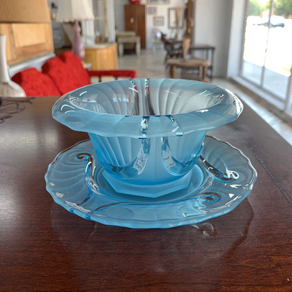 2 PC BLUE GLASS NUT/BERRY BOWL WITH PLATE SET