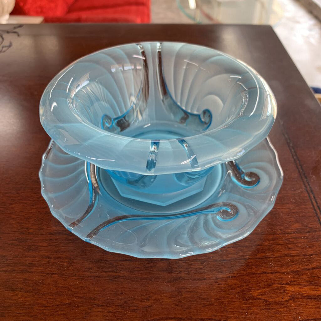 2 PC BLUE GLASS NUT/BERRY BOWL WITH PLATE SET