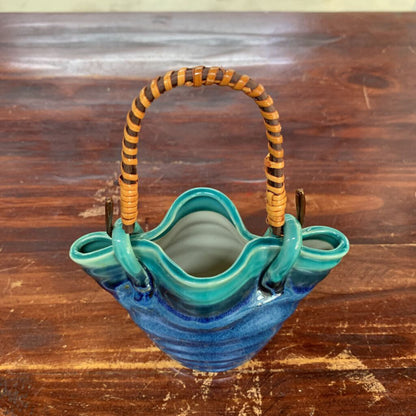 VTG JAPANESE WATER VASE WITH REED BAMBOO HANDLE