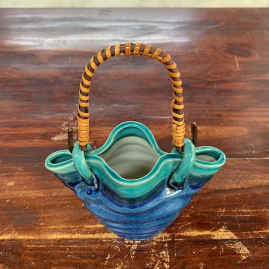 VTG JAPANESE WATER VASE WITH REED BAMBOO HANDLE