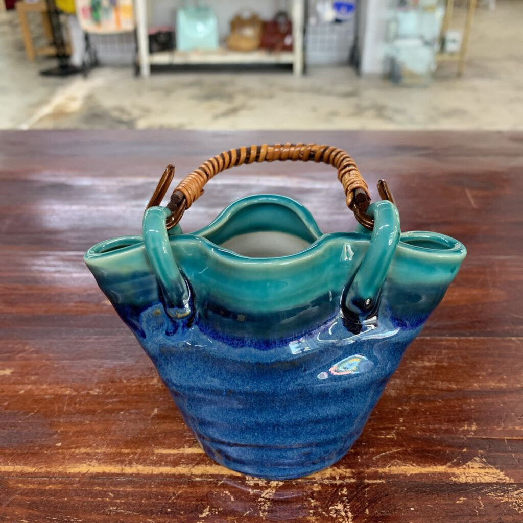 VTG JAPANESE WATER VASE WITH REED BAMBOO HANDLE