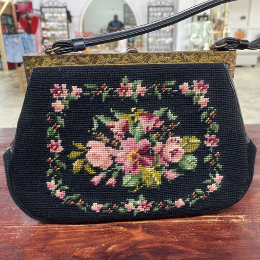 VINTAGE BLACK TAPESTRY HANDBAG