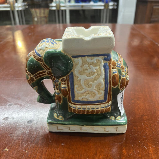 VINTAGE GLAZED CERAMIC ELEPHANT ASHTRAY