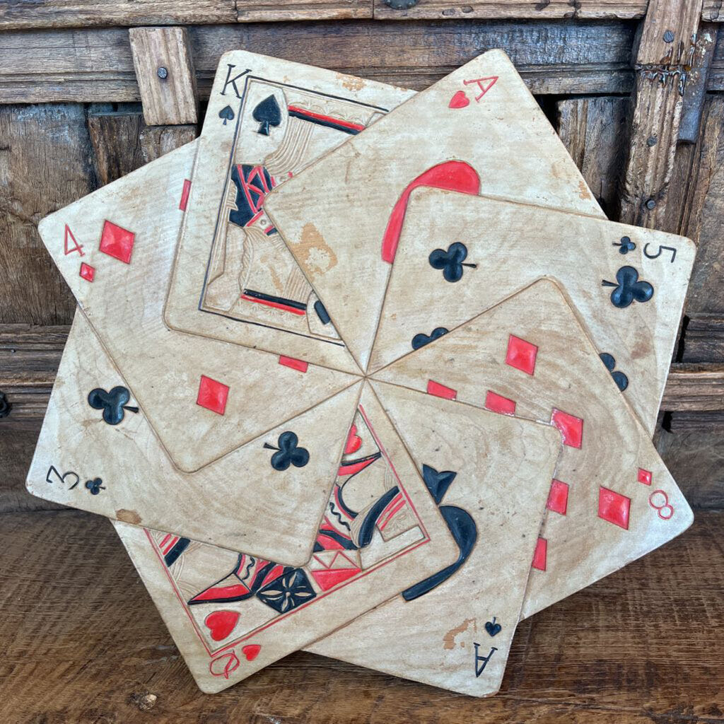 PLAYING CARD MOTIF TEAK SNACK TRAYS(12) AND SERVING TRAY