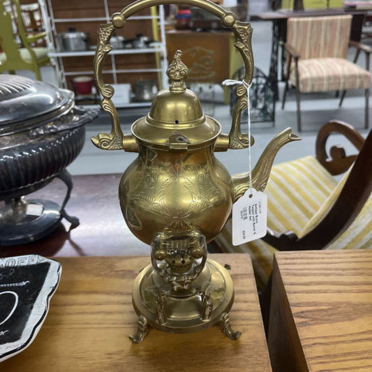 ANTIQUE BRASS TEAPOT WITH BURNER & HOLDER SET