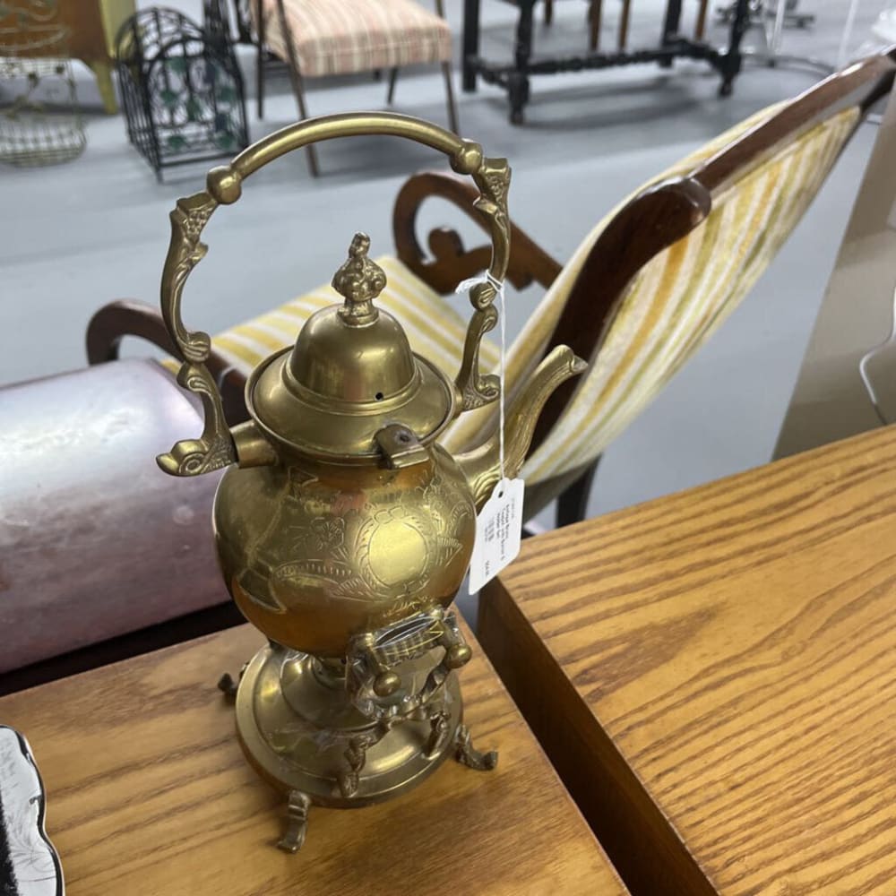 ANTIQUE BRASS TEAPOT WITH BURNER & HOLDER SET