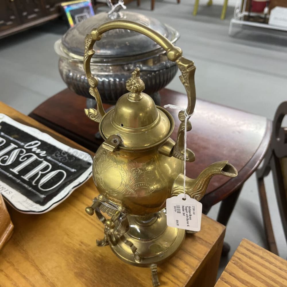 ANTIQUE BRASS TEAPOT WITH BURNER & HOLDER SET