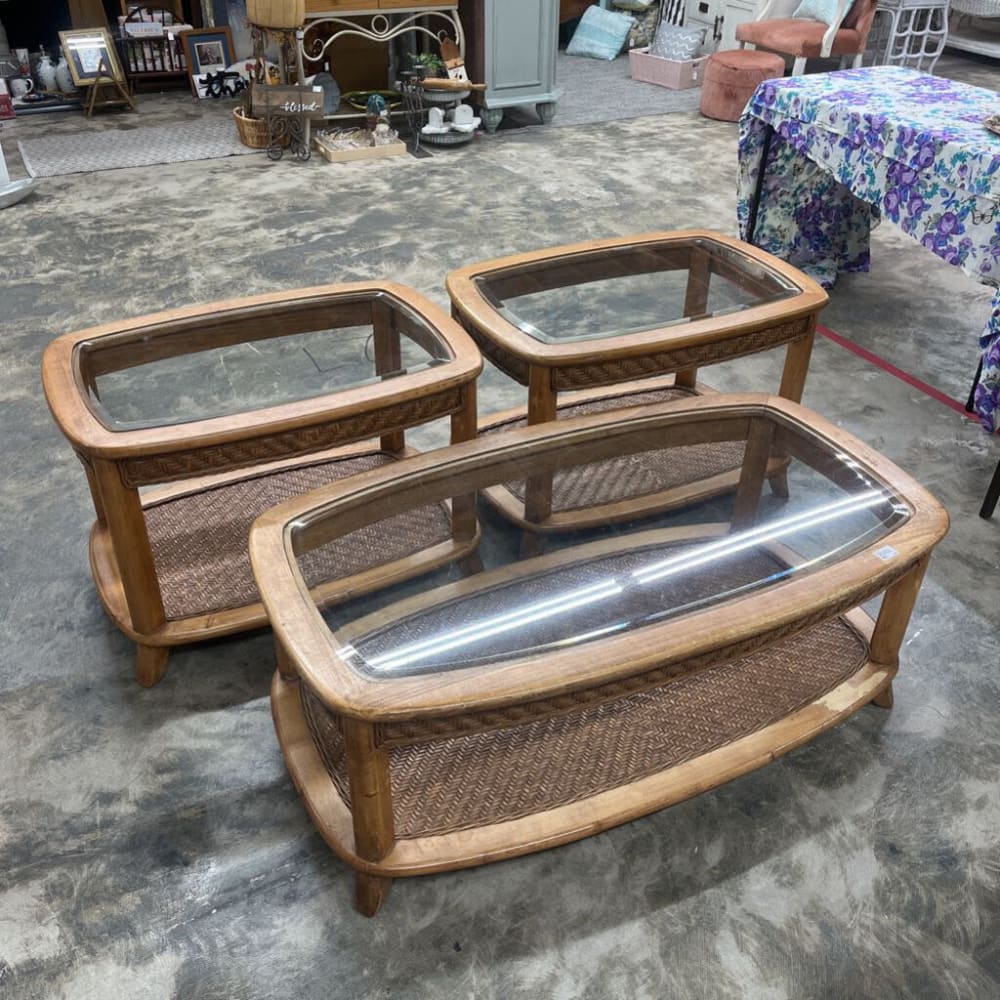 VINTAGE 3 PC SET WOOD WOVEN BASE WITH GLASS TOP END TABLE SET