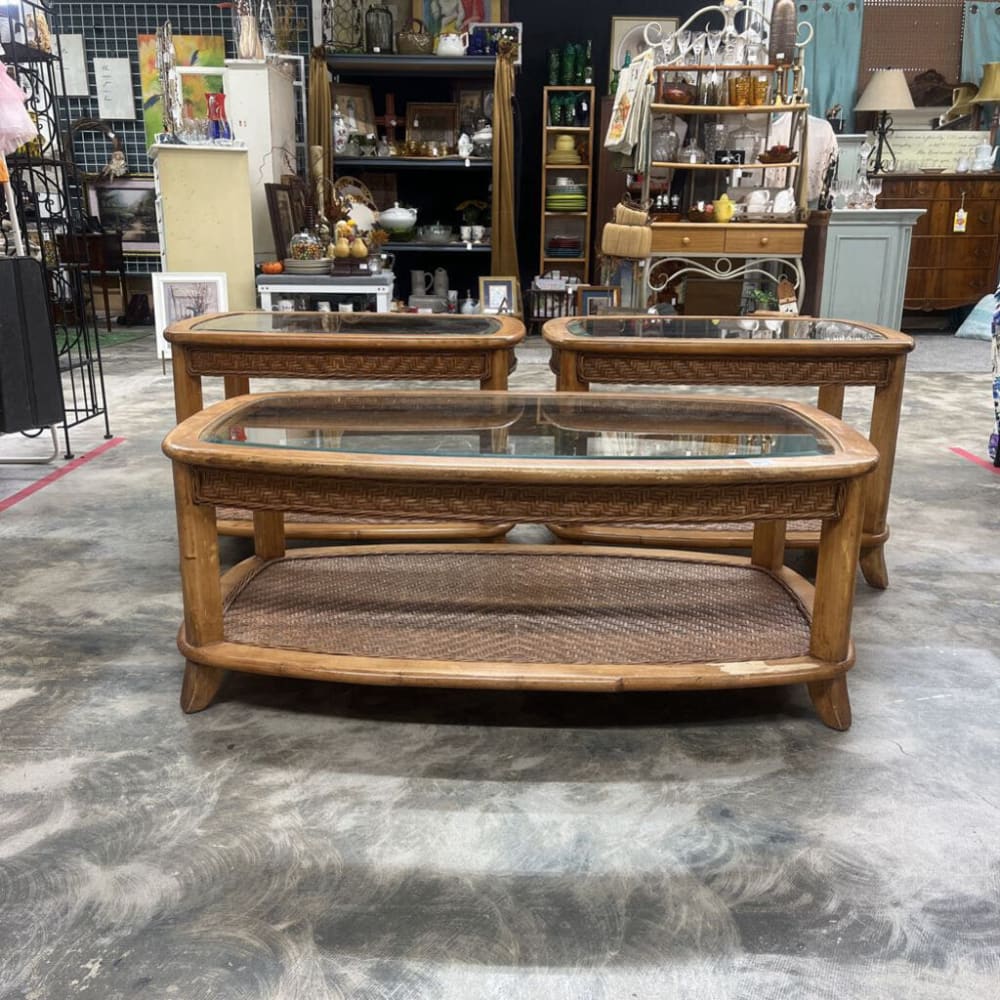 VINTAGE 3 PC SET WOOD WOVEN BASE WITH GLASS TOP END TABLE SET