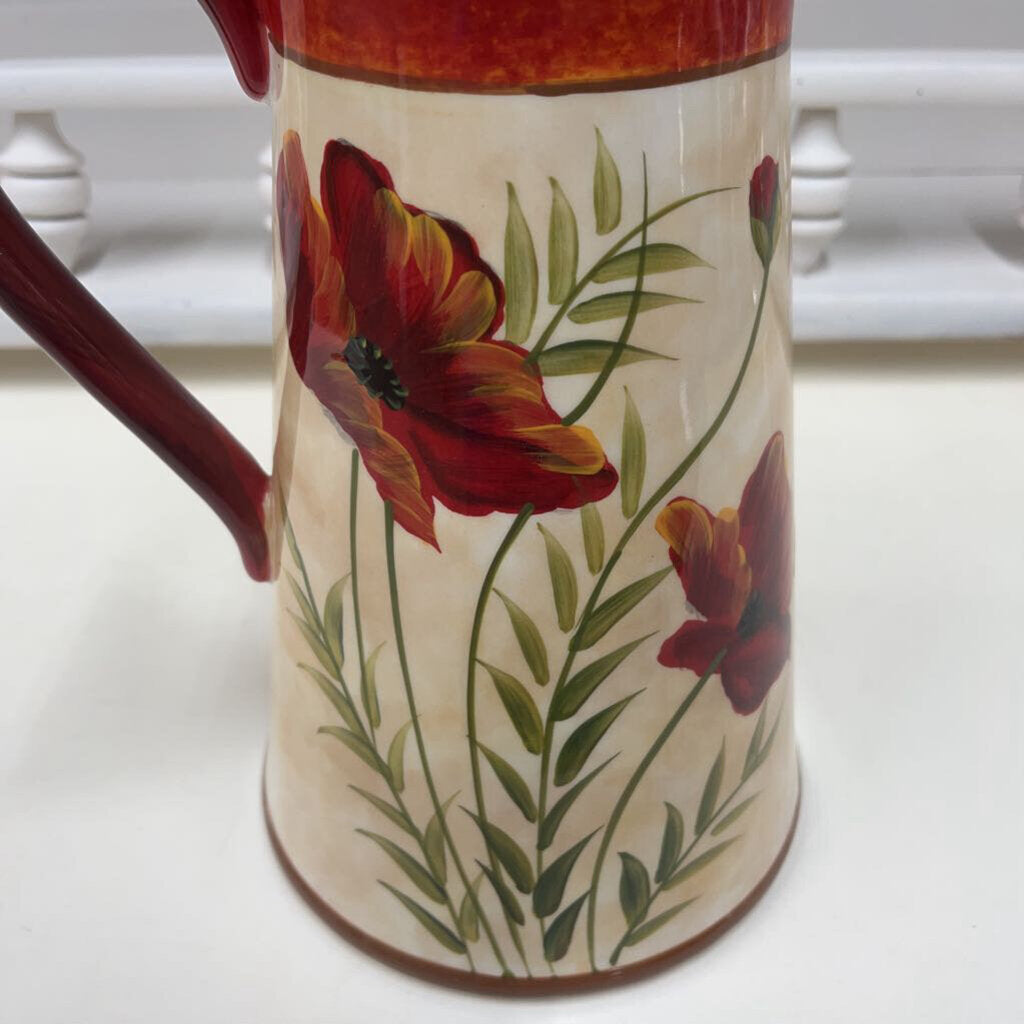 HAND-PAINTED CERAMIC PITCHER WITH RED FLOWERS