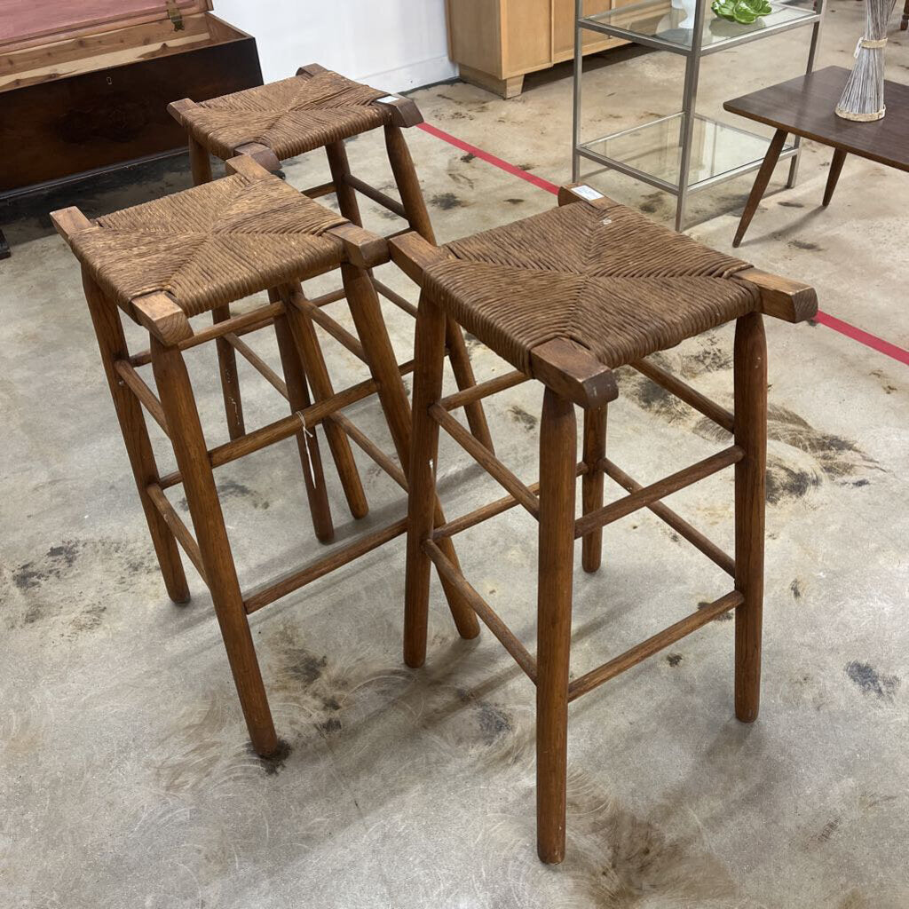 SET OF 3 RUSTIC PRIMITIVE RUSH SADDLE SEAT STOOLS-Thriftique Marketplace