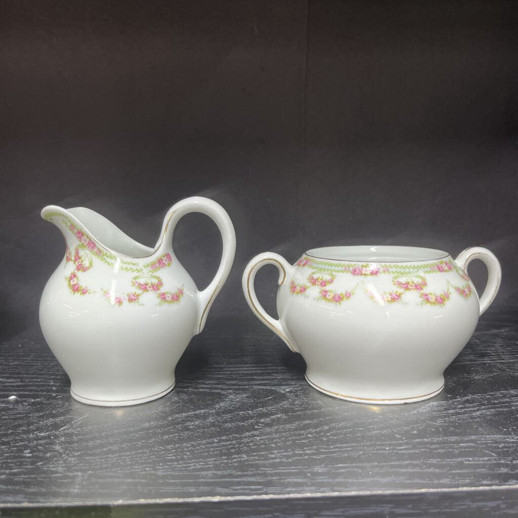 Antique 1893 T&V LIMOGES France Pink ROSE SWAG 6"h Sugar Bowl no Lid