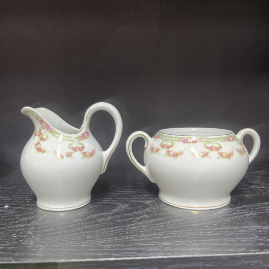 Antique 1893 T&V LIMOGES France Pink ROSE SWAG 6"h Sugar Bowl no Lid