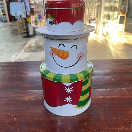 CELEBRATE IT SNOWMAN TIN CONTAINER SET XMAS LIGHT MISTLETOE SNOWFLAKE SNOW DECOR