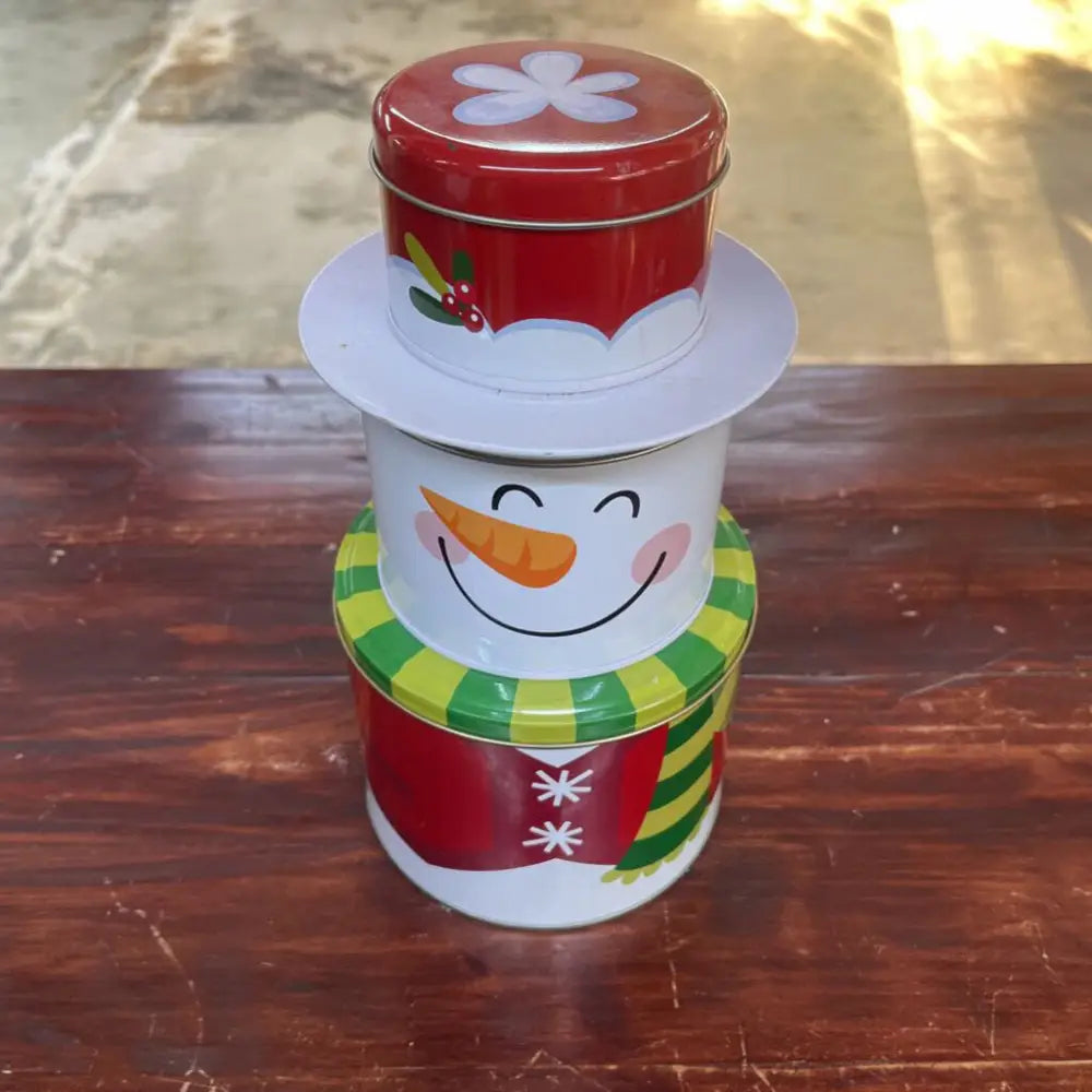 CELEBRATE IT SNOWMAN TIN CONTAINER SET XMAS LIGHT MISTLETOE SNOWFLAKE SNOW DECOR