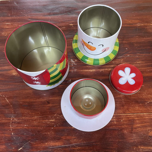 Celebrate it Snowman tin container set xmas light Mistletoe snowflake snow decor