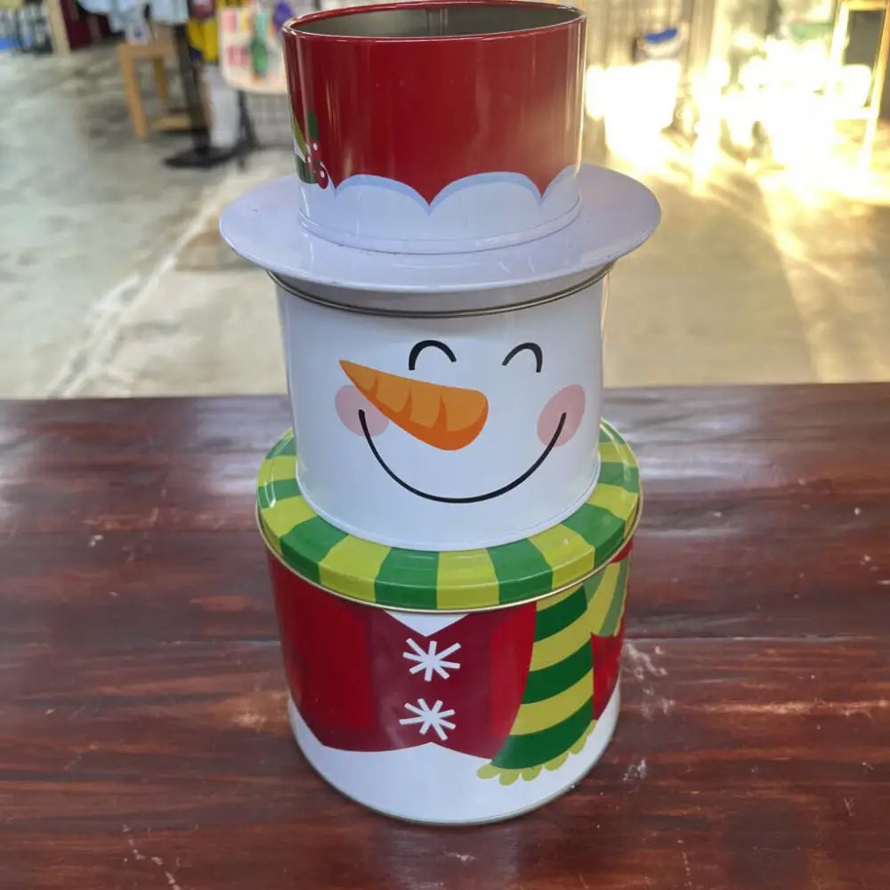 CELEBRATE IT SNOWMAN TIN CONTAINER SET XMAS LIGHT MISTLETOE SNOWFLAKE SNOW DECOR