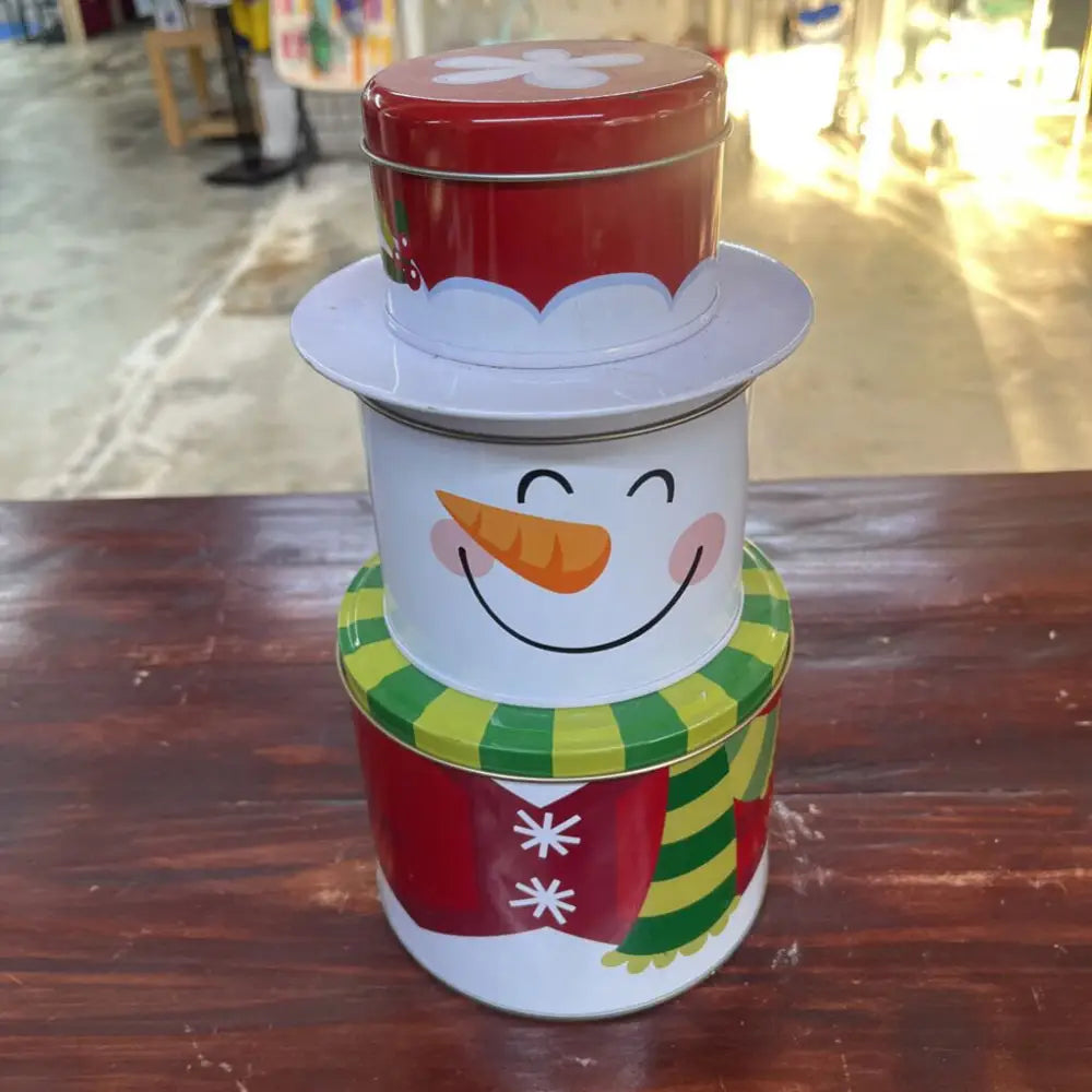 CELEBRATE IT SNOWMAN TIN CONTAINER SET XMAS LIGHT MISTLETOE SNOWFLAKE SNOW DECOR