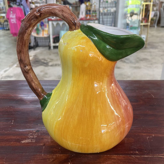 BASSANO POTTERY VINTAGE PITCHER ITALIAN PEAR SHAPE LEAF STEM JUG VASE