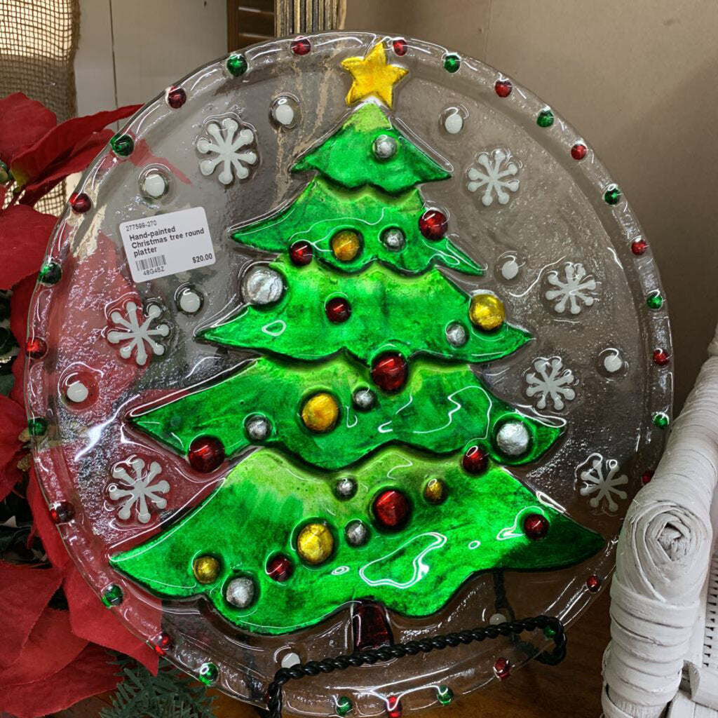 Hand-painted Christmas tree round platter