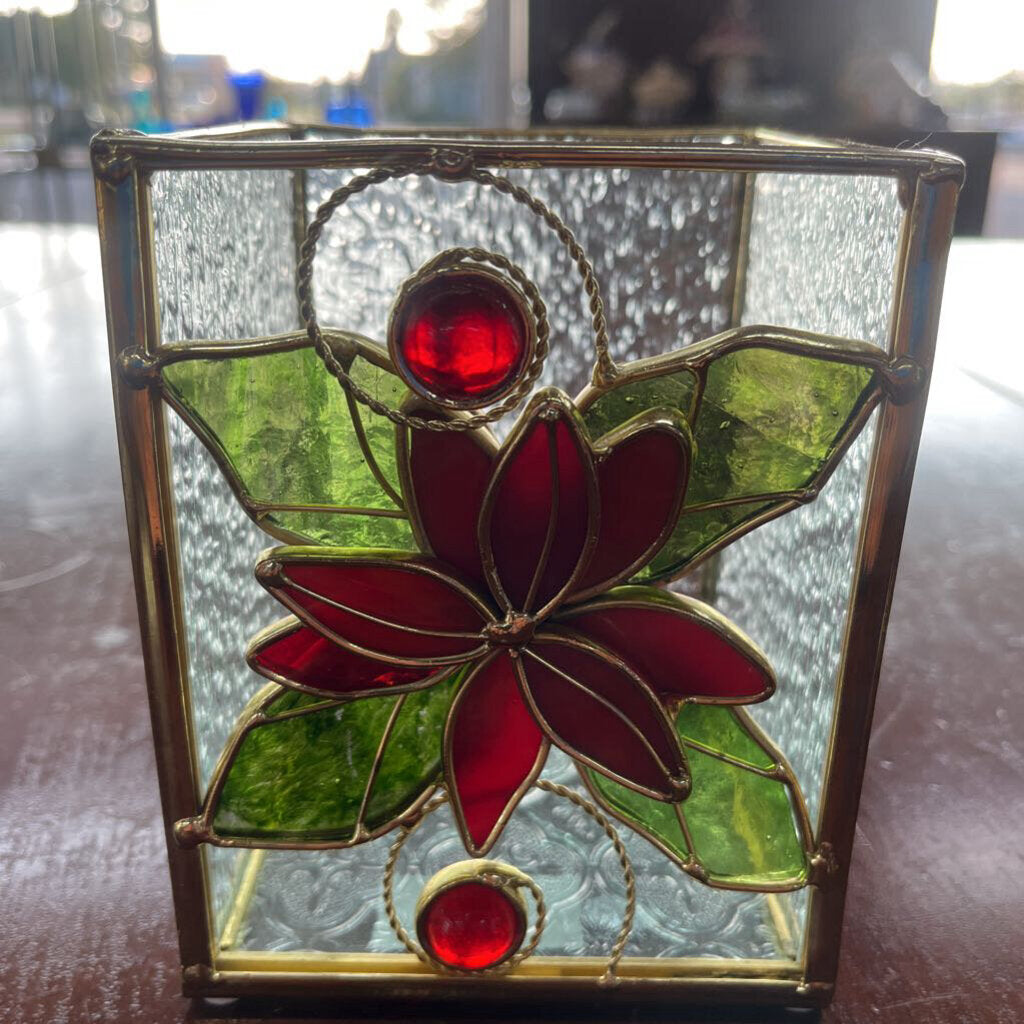 CHRISTMAS POINSETTIA STAINED GLASS DECOR