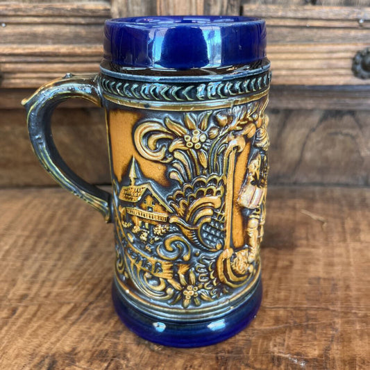 VINTAGE FABULOUS STONEWARE STEIN WAIDMANNS HEIL GERMANY BLUE AND TAN