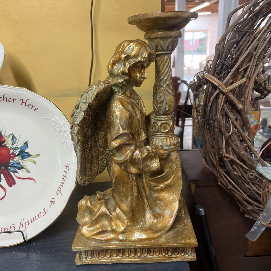 REAR **VINTAGE KNEELING BAROQUE ANGEL PEDESTAL CANDLE HOLDER ANTIQUED GOLD FINISH