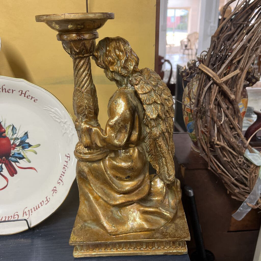 REAR **VINTAGE KNEELING BAROQUE ANGEL PEDESTAL CANDLE HOLDER ANTIQUED GOLD FINISH