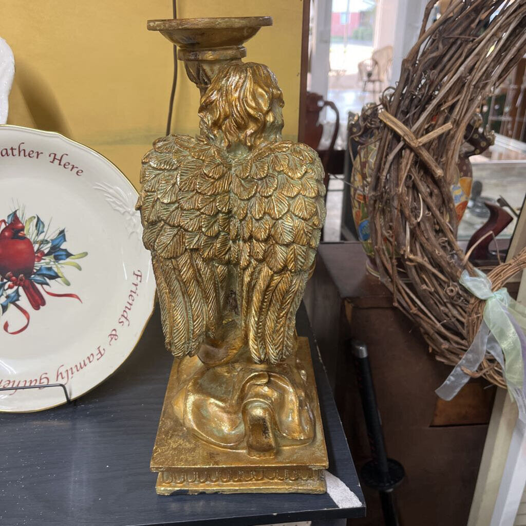 REAR **VINTAGE KNEELING BAROQUE ANGEL PEDESTAL CANDLE HOLDER ANTIQUED GOLD FINISH