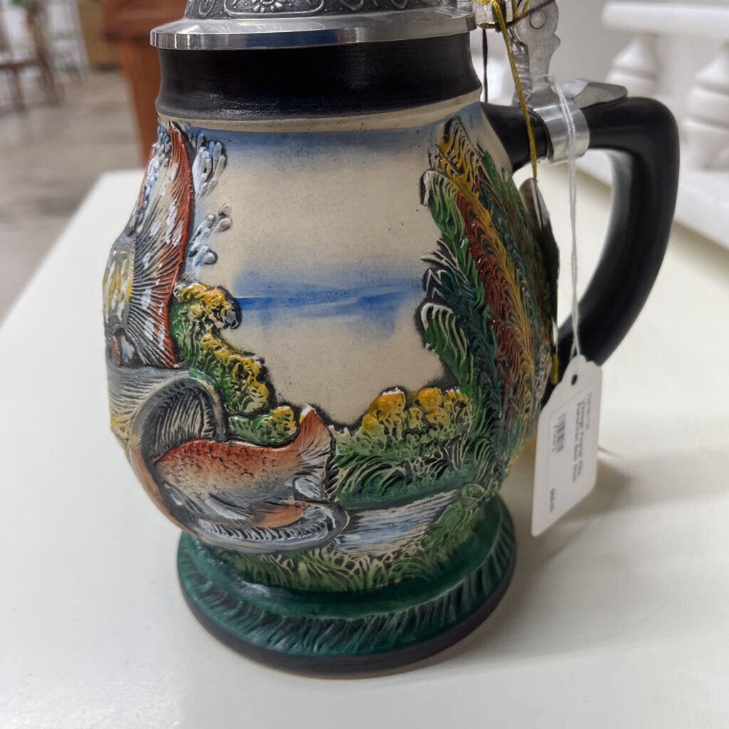 VINTAGE PEWTER PIKE FISHERMAN BEER STEIN