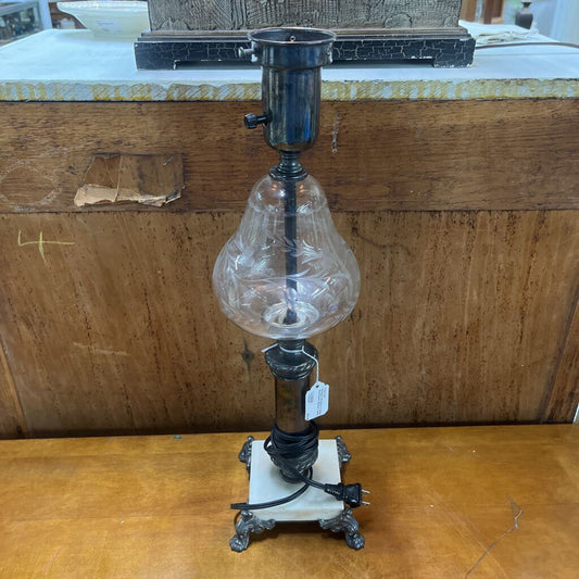 Antique Etched Crystal Silvertone Marble Lamp