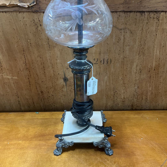 Antique Etched Crystal Silvertone Marble Lamp