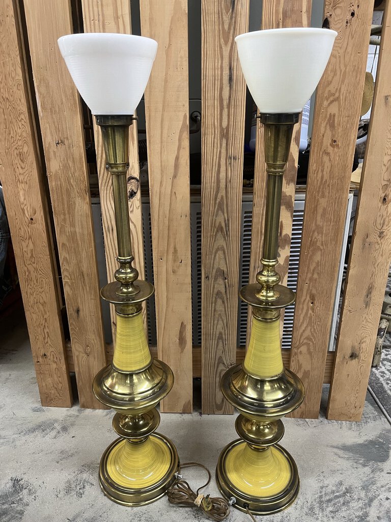 Pair MCM Flying Saucer Steffiel Torchiere Enamel & Brass Lamps Milk Glass Globes