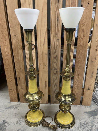 Pair MCM Flying Saucer Steffiel Torchiere Enamel & Brass Lamps Milk Glass Globes
