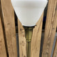 Pair MCM Flying Saucer Steffiel Torchiere Enamel & Brass Lamps Milk Glass Globes