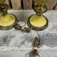 Pair MCM Flying Saucer Steffiel Torchiere Enamel & Brass Lamps Milk Glass Globes