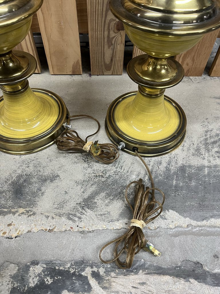 Pair MCM Flying Saucer Steffiel Torchiere Enamel & Brass Lamps Milk Glass Globes