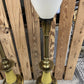 Pair MCM Flying Saucer Steffiel Torchiere Enamel & Brass Lamps Milk Glass Globes