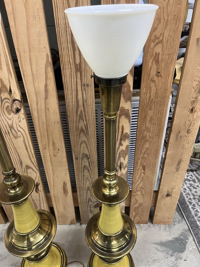 Pair MCM Flying Saucer Steffiel Torchiere Enamel & Brass Lamps Milk Glass Globes