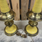 Pair MCM Flying Saucer Steffiel Torchiere Enamel & Brass Lamps Milk Glass Globes