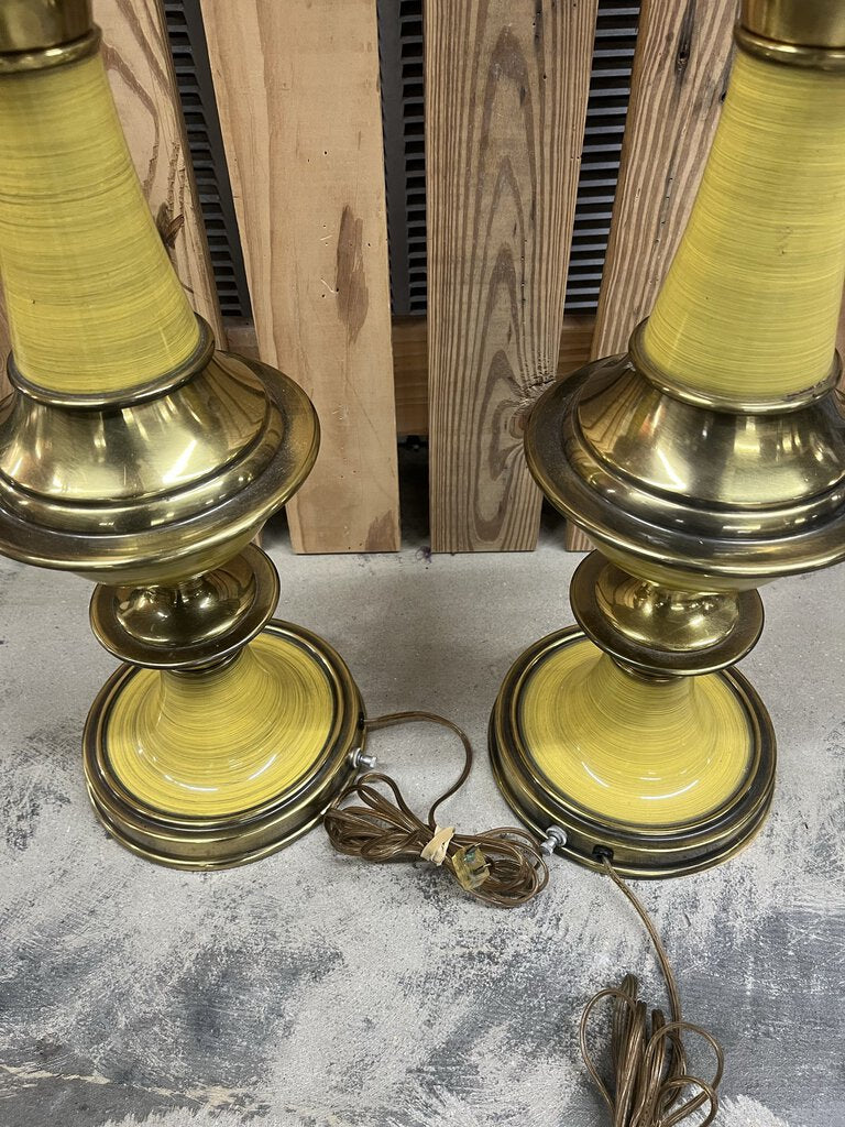 Pair MCM Flying Saucer Steffiel Torchiere Enamel & Brass Lamps Milk Glass Globes