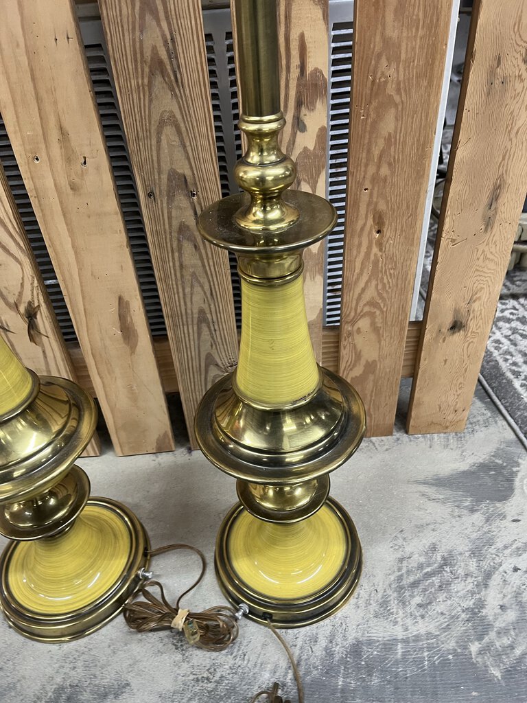 Pair MCM Flying Saucer Steffiel Torchiere Enamel & Brass Lamps Milk Glass Globes