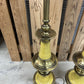 Pair MCM Flying Saucer Steffiel Torchiere Enamel & Brass Lamps Milk Glass Globes