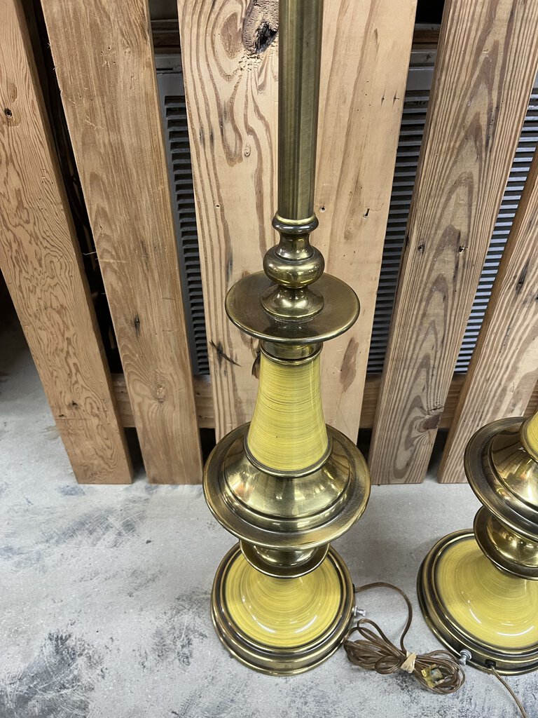 Pair MCM Flying Saucer Steffiel Torchiere Enamel & Brass Lamps Milk Glass Globes