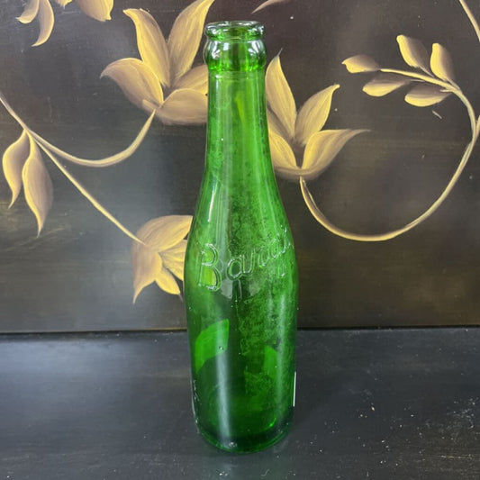 OLD GREEN GLASS BARQS ROOTBEER BOTTLE SMALL