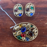 Vintage Oval Cabochon Art Nouveau Broach with Earrings Demi Parure