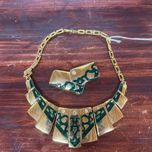 GREEN ENAMEL DEMI PARURE NECKLACE SET-Thriftique Marketplace