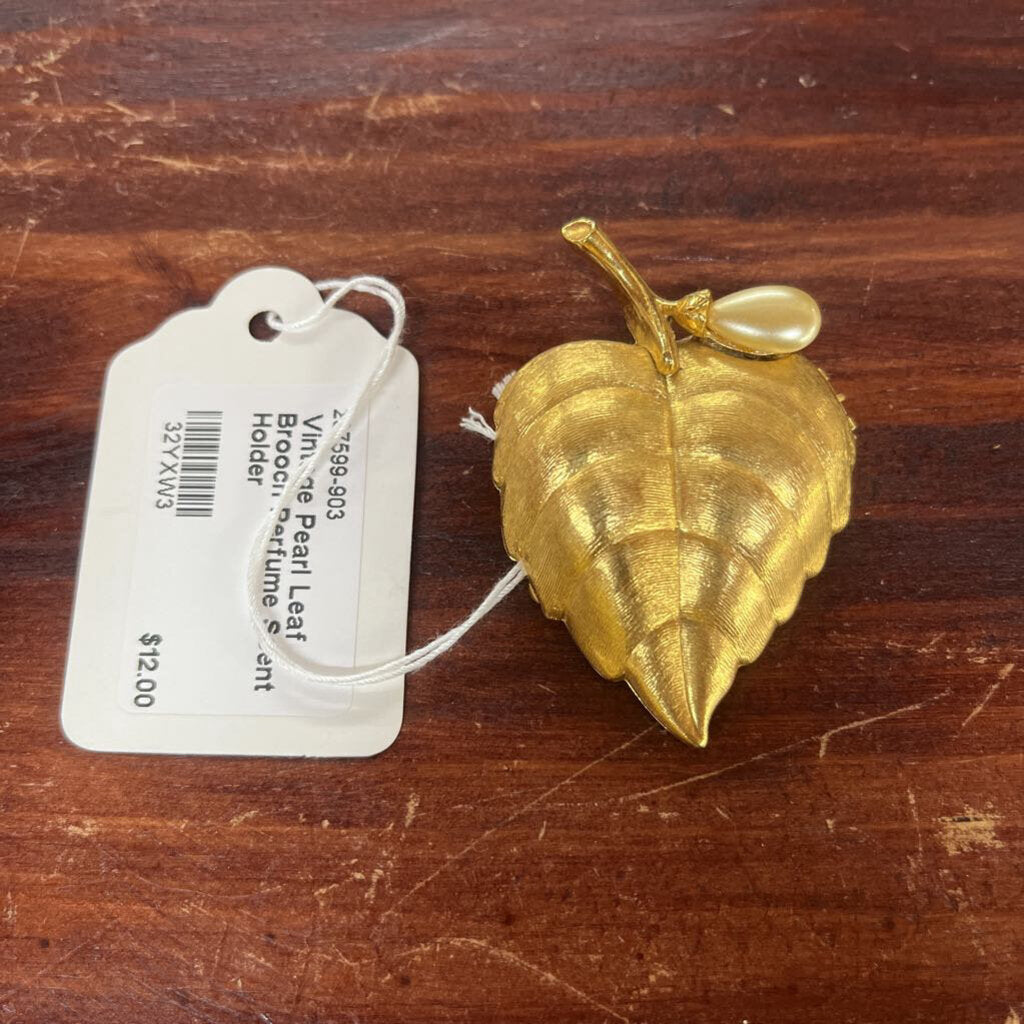 Vintage Pearl Leaf Brooch Perfume Scent Holder
